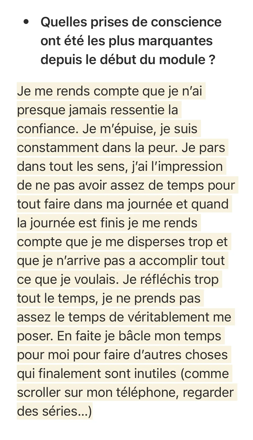Réponse écrite d'une participante — Phase 1